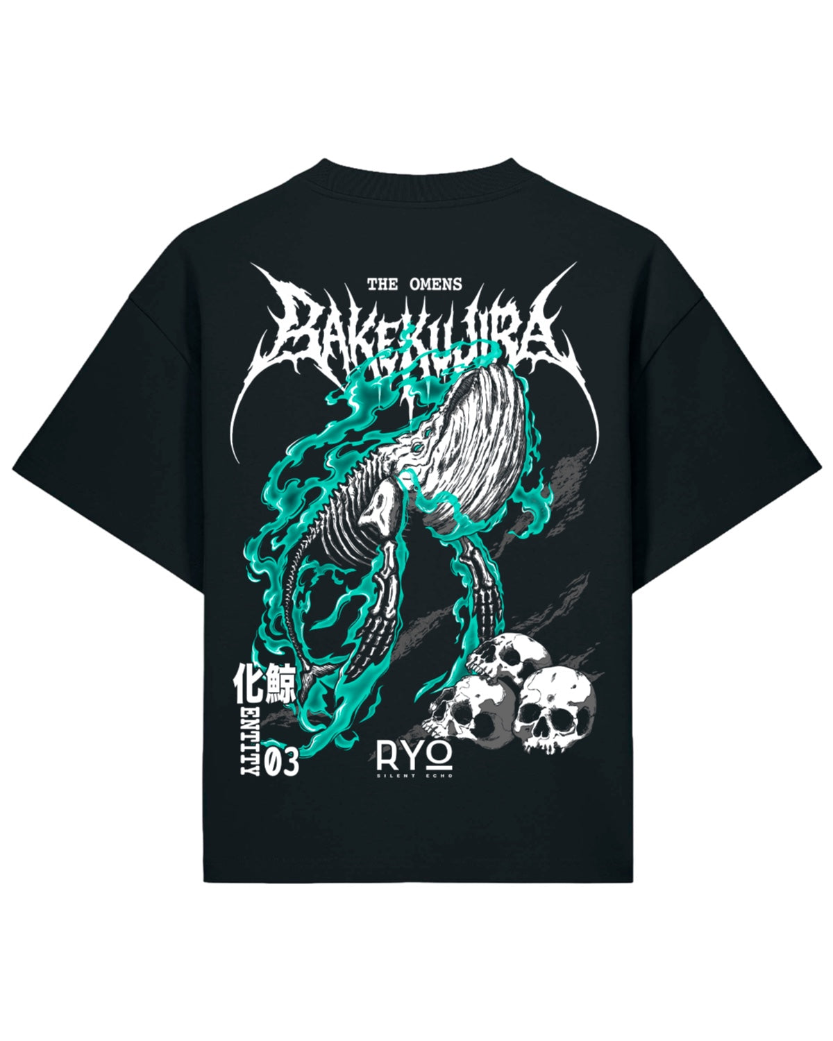 Entity 03 Bakekujira t-shirt, back: ghost whale skeleton in turquoise flames with skulls