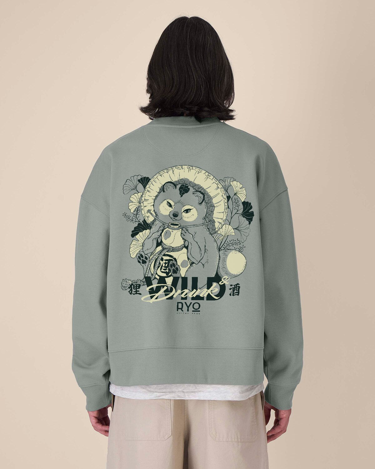 Back view of the Tanuki - Wild & Drunk Sweatshirt by RYO Silent Echo