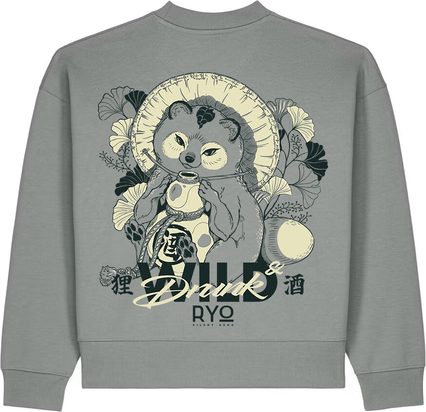 Back view of the Tanuki - Wild & Drunk Sweatshirt by RYO Silent Echo